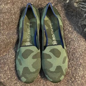 Rothy's Camouflage Green Flats with Black/Orange Trim